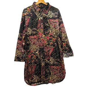 Caleoas Women Long Sleeve‎ Velvet Burnout Tunic Button Up Sz L Whimsigoth Boho